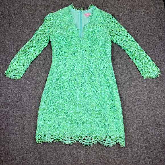 Lilly Pulitzer Dresses & Skirts - Lilly Pulitzer Meryl Dress Poolside Mint Lace Overlay 3/4 Sleeve V-Neck Cocktail